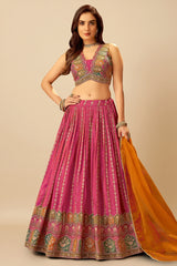 Pink Georgette Sequin and Printed Pleated Lehenga