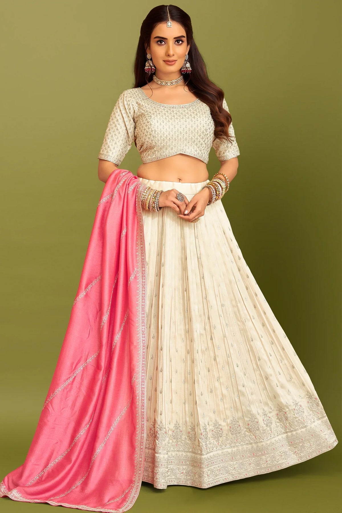Off White Chinon Embroidered Pleated Lehenga