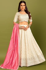 Off White Chinon Embroidered Pleated Lehenga