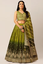 Green Ombre Chinon Sequin Embroidered Pleated Lehenga - red saree embroidered