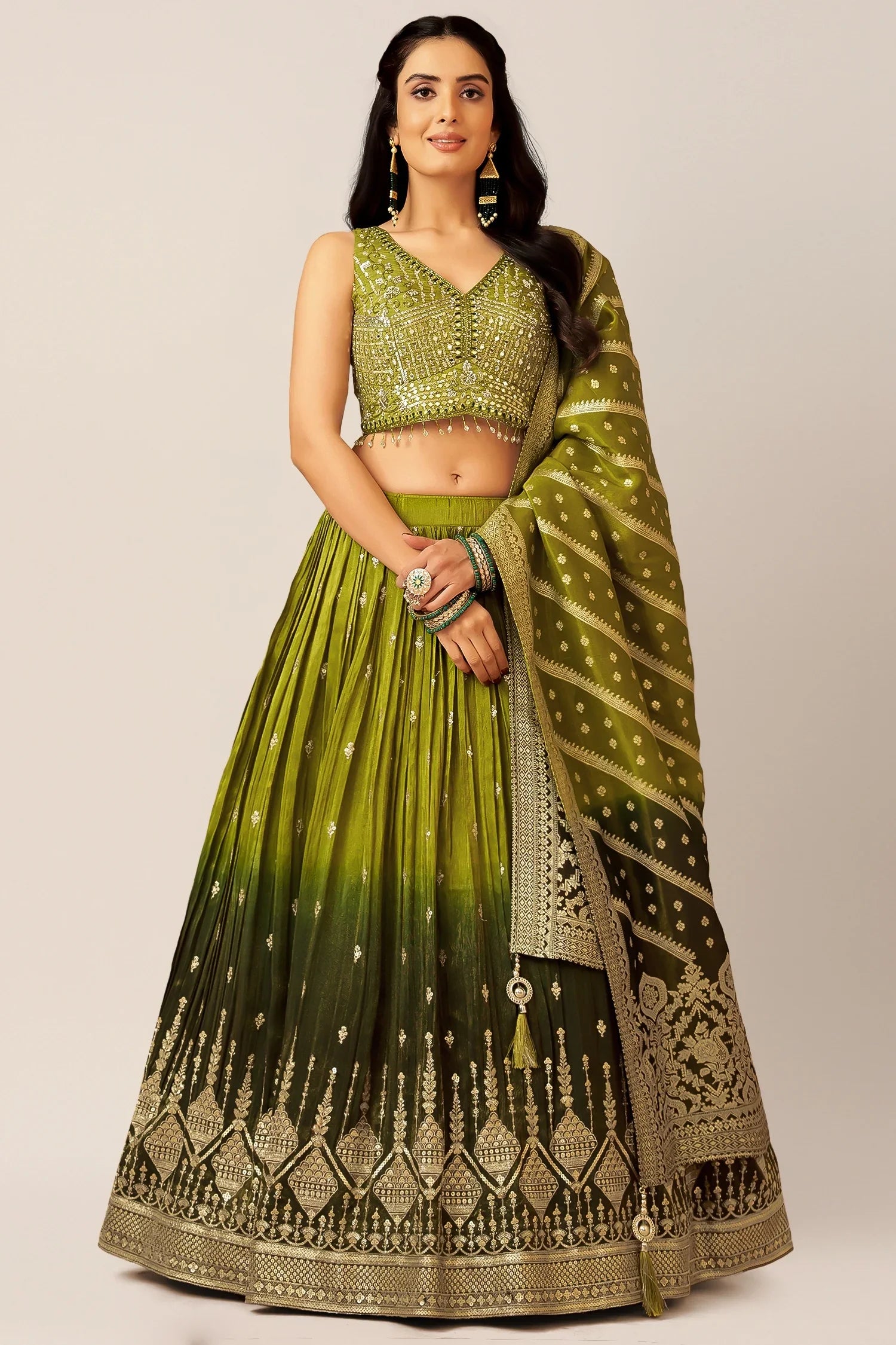 Green Ombre Chinon Sequin Embroidered Pleated Lehenga - red saree embroidered