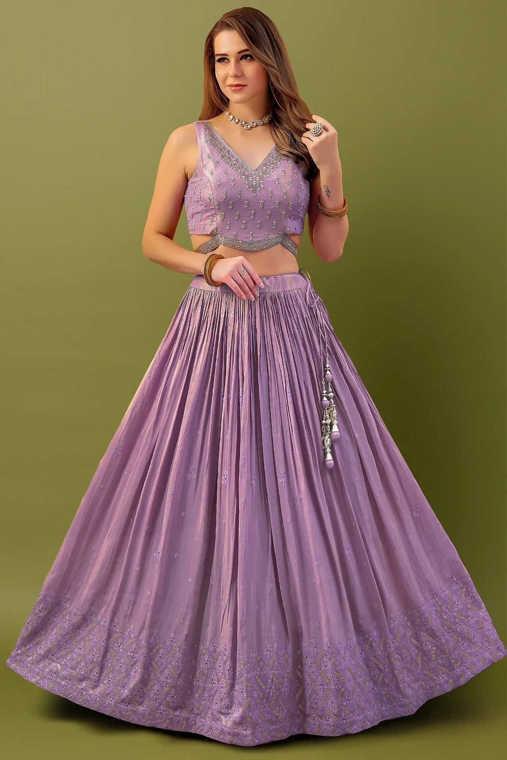Purple Tissue Shimmer Sequin Embroidered Pleated Lehenga - red saree embroidered