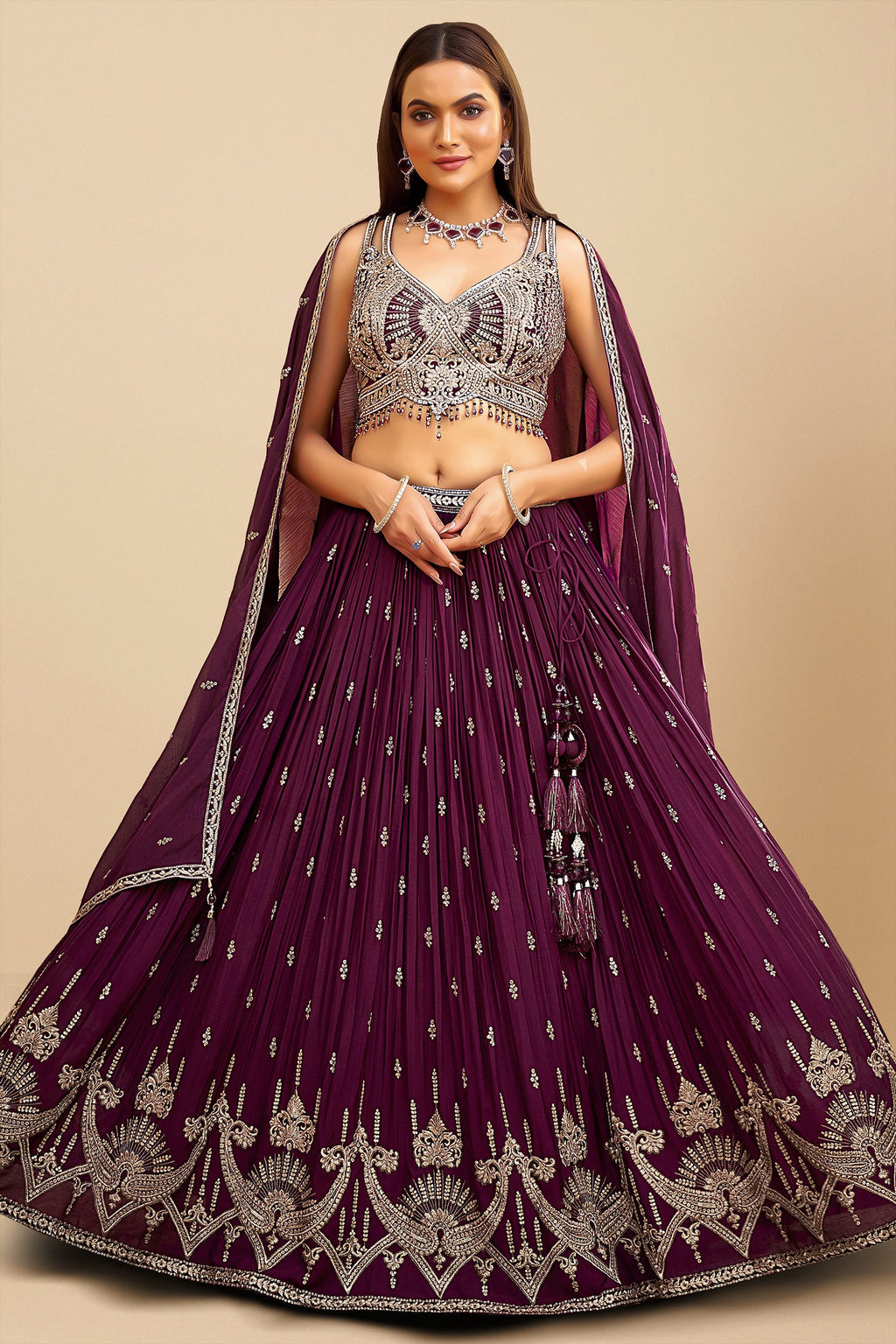 Wine Purple Georgette Sequin Embroidered Pleated Flared Lehenga - red georgette saree embroidered