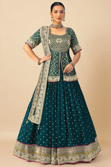 Teal Green Chinon Bandhej Woven Lehenga with Long Blouse