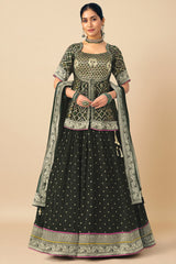 Black Chinon Bandhej Woven Lehenga with Long Blouse