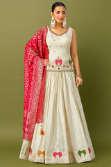 Cream Chinon Embroidered and Cutdana Work Lehenga with Long Blouse