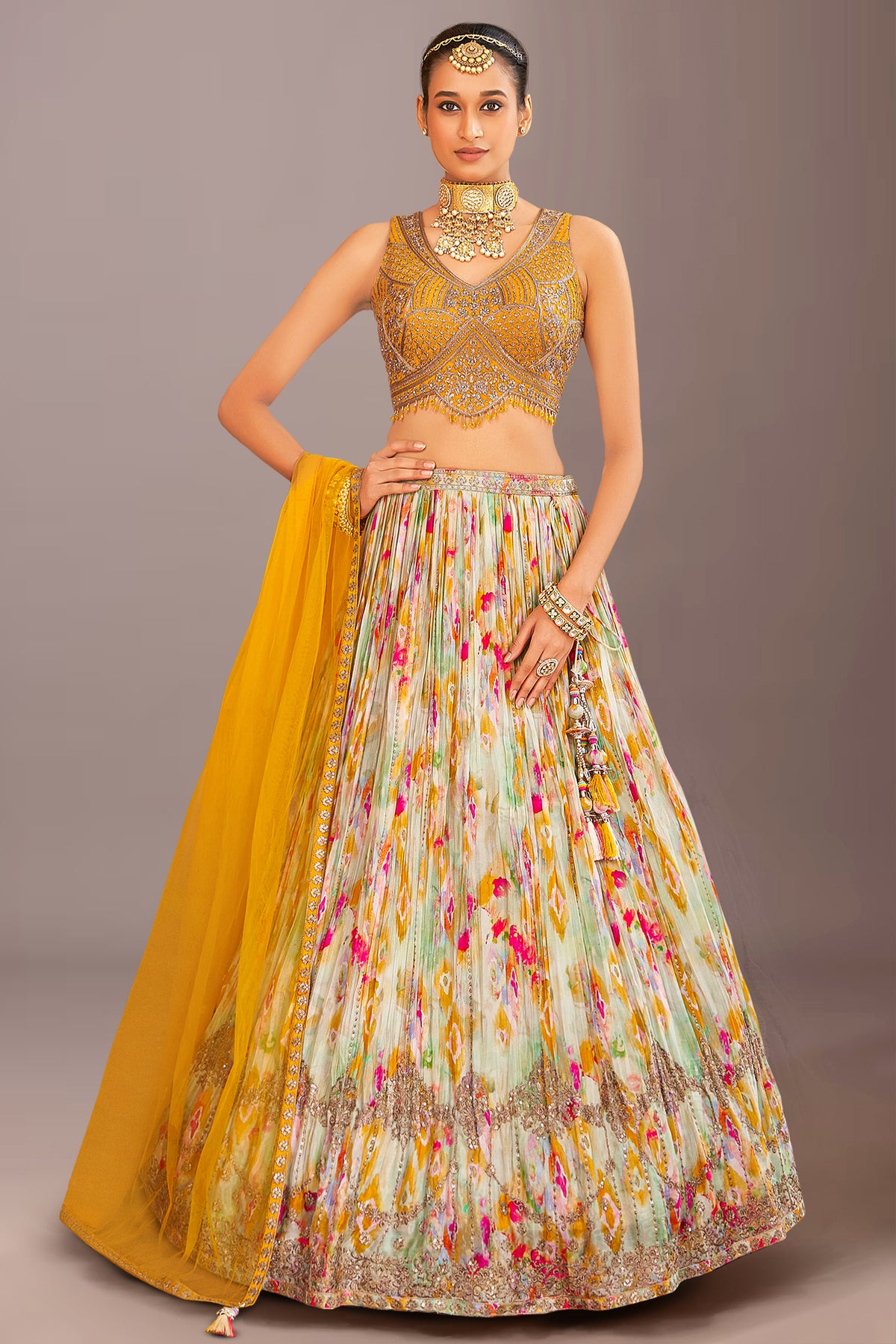 Cream Chinon Silk Printed Lehenga with Sequin Embroidery Work