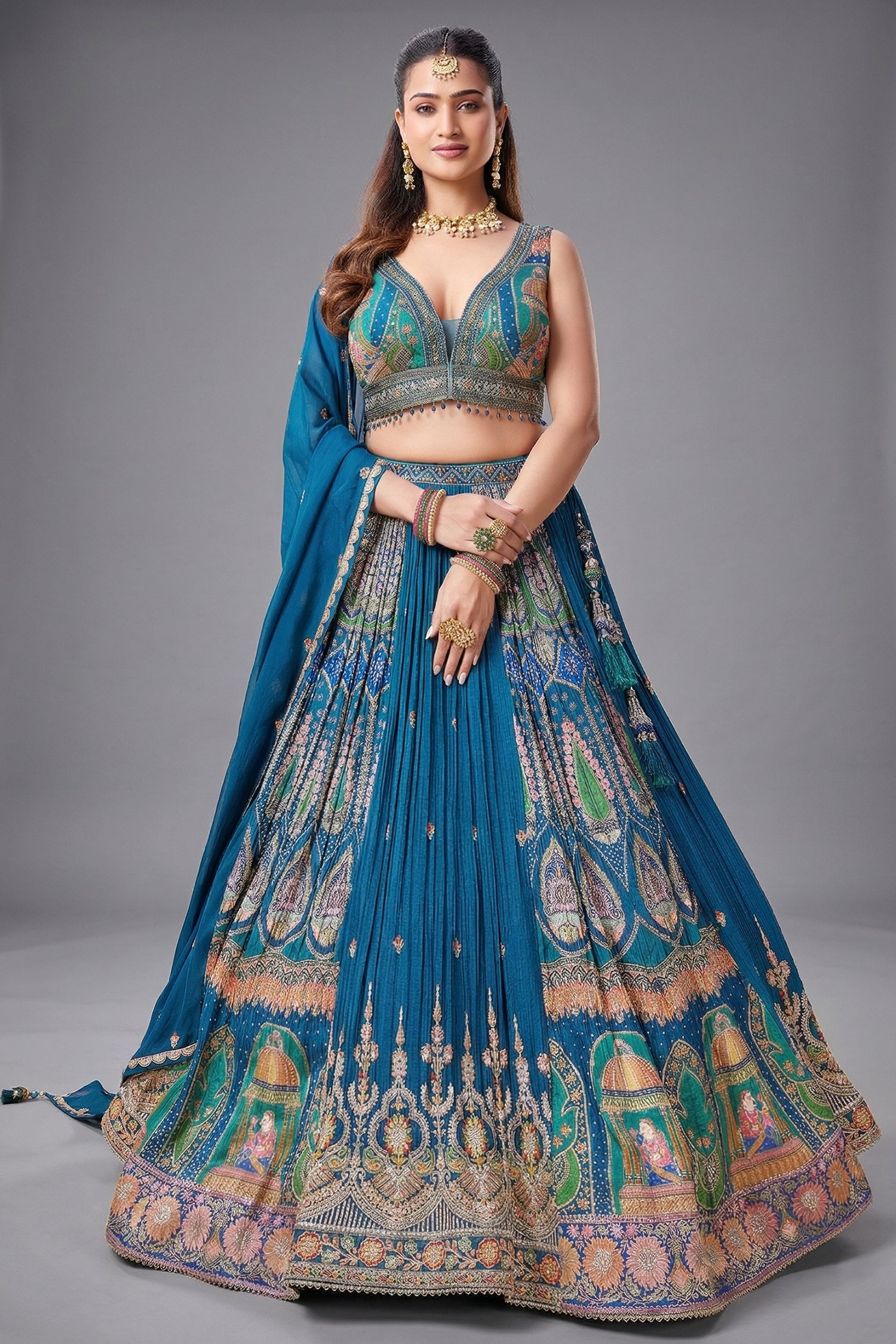 Blue Chinon Woven Pleated Lehenga - blue saree