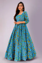 Light Blue Cotton Paisley Printed Kurti - blue cotton saree