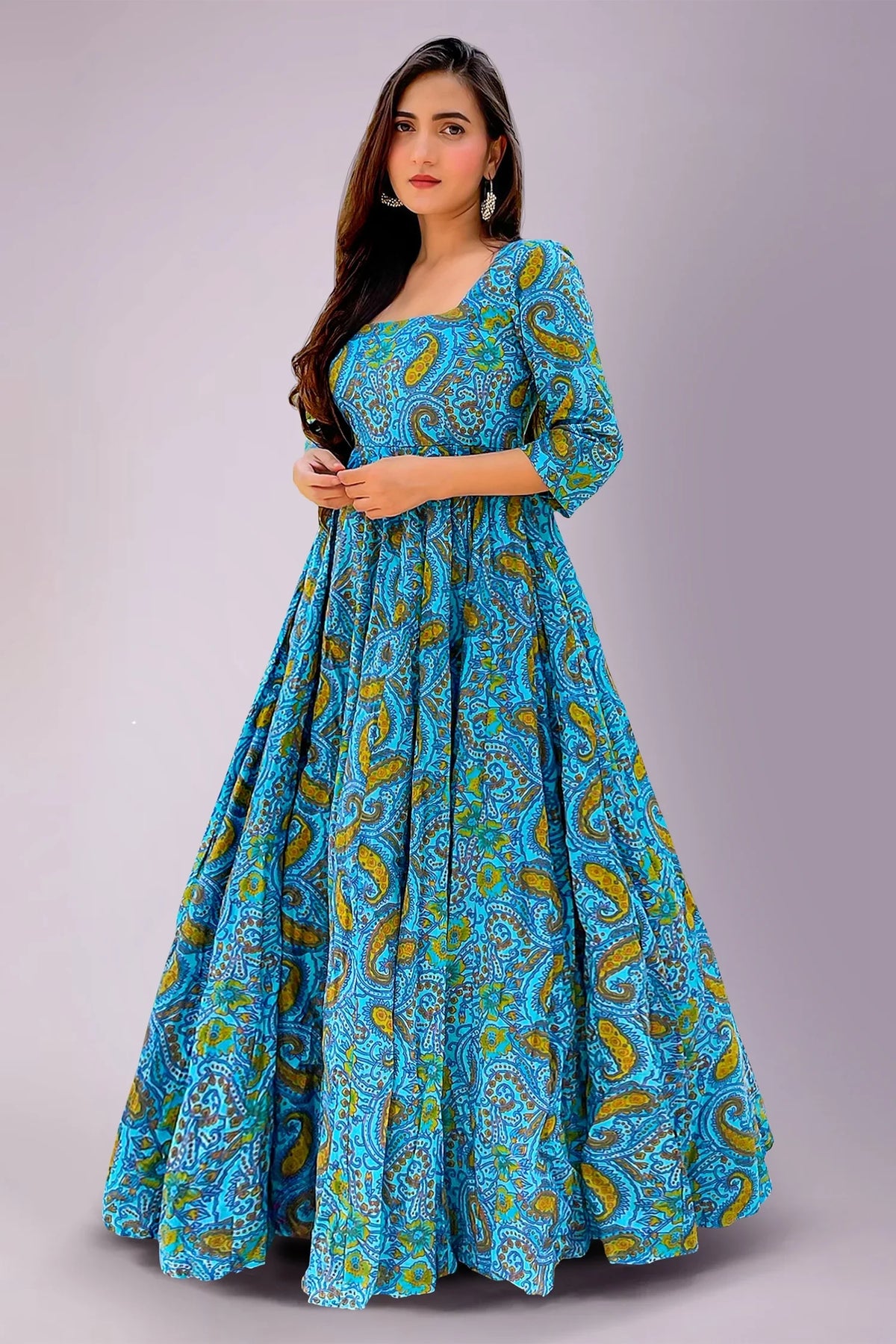 Light Blue Cotton Paisley Printed Kurti - blue cotton saree