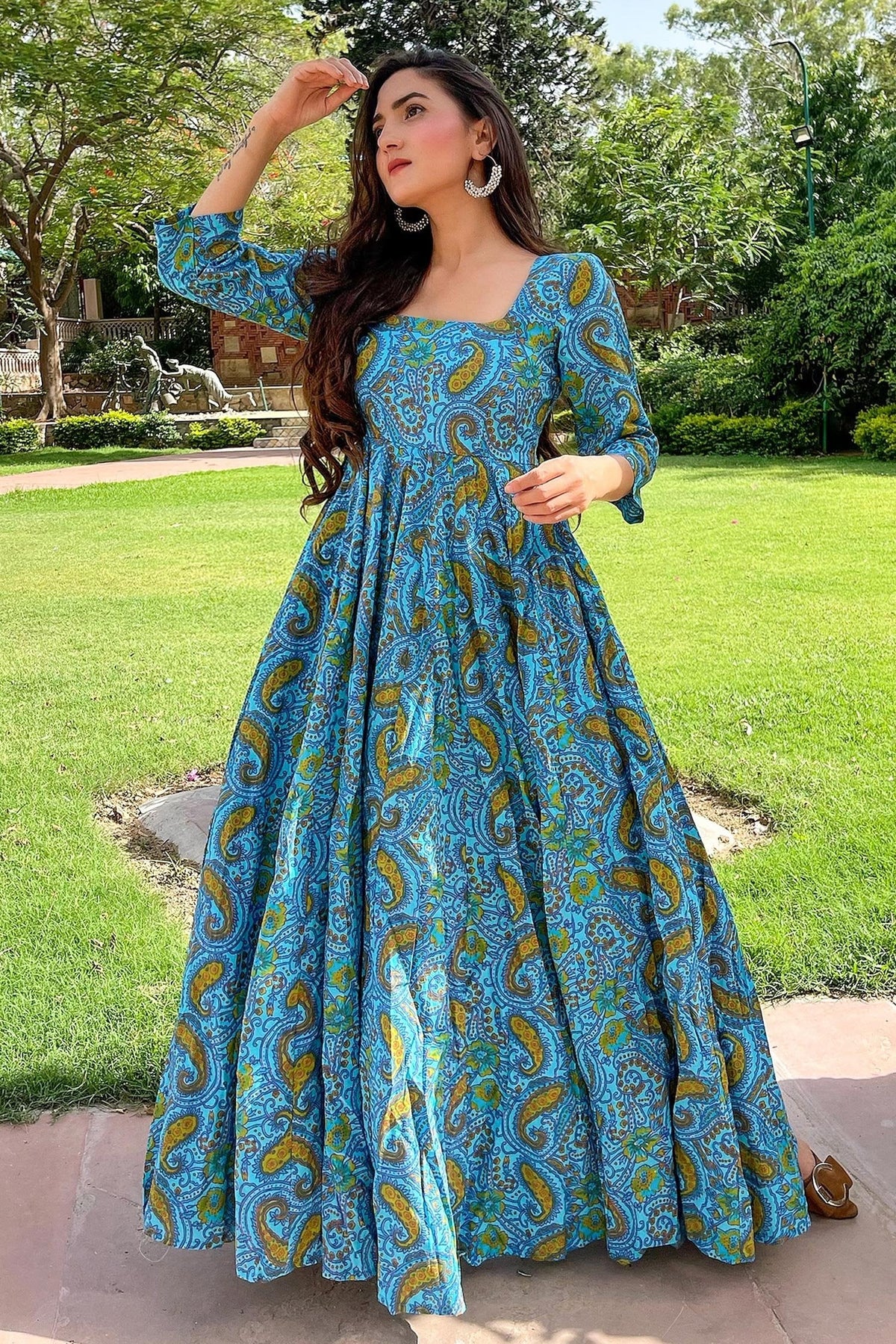 Light Blue Cotton Paisley Printed Kurti - blue cotton saree