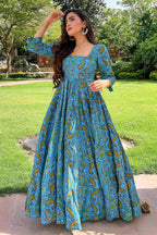 Light Blue Cotton Paisley Printed Kurti - blue cotton saree