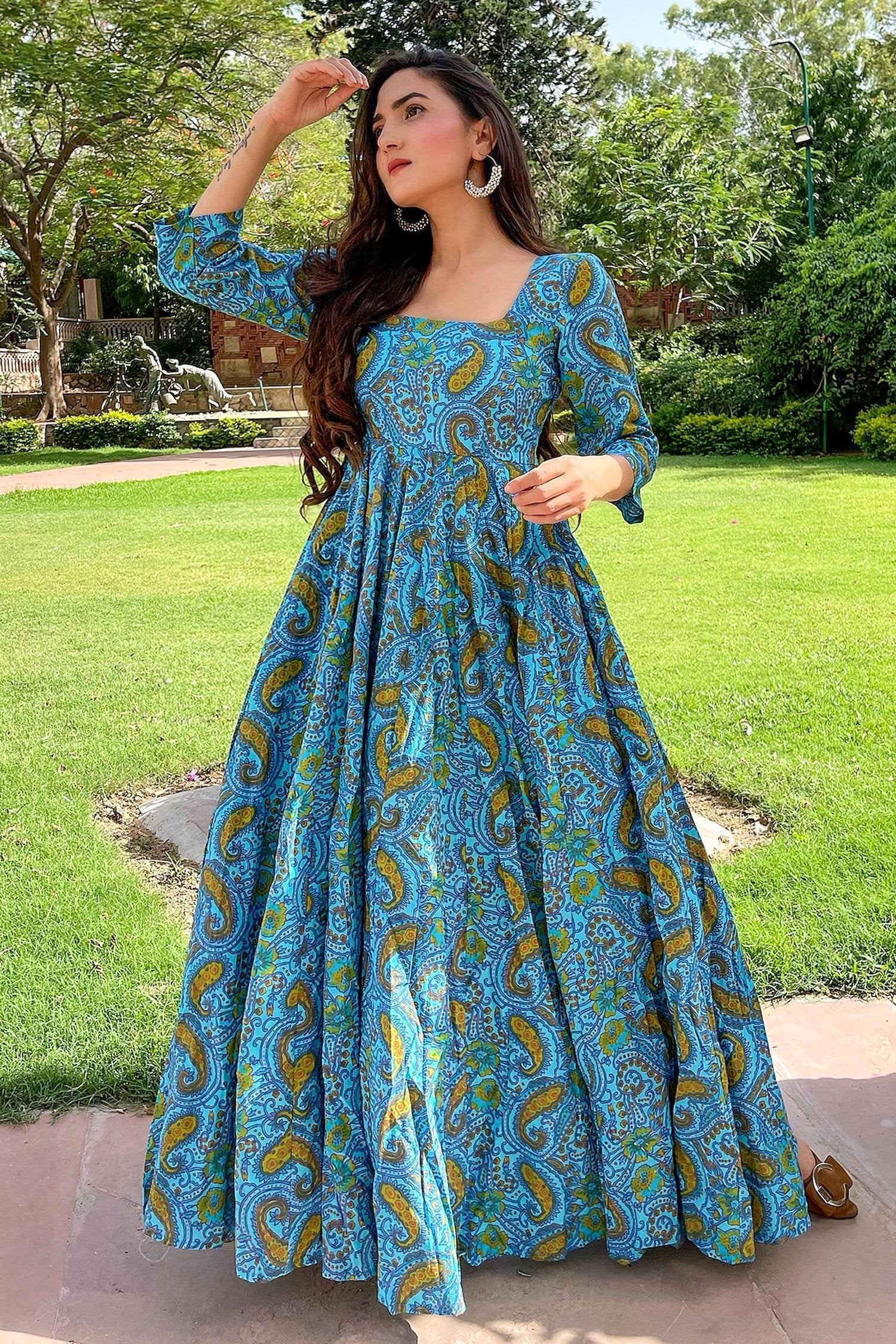 Light Blue Cotton Paisley Printed Kurti - blue cotton saree