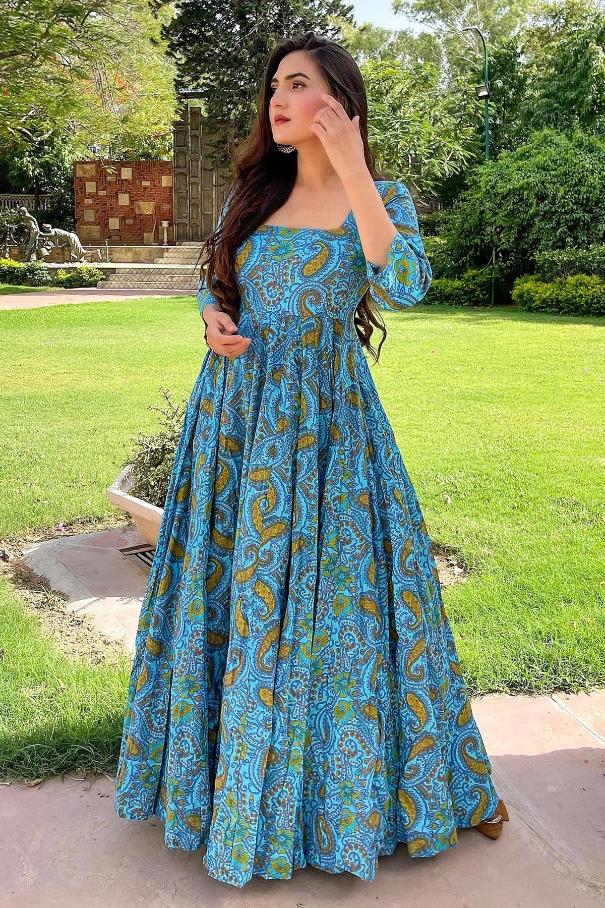 Light Blue Cotton Paisley Printed Kurti - blue cotton saree