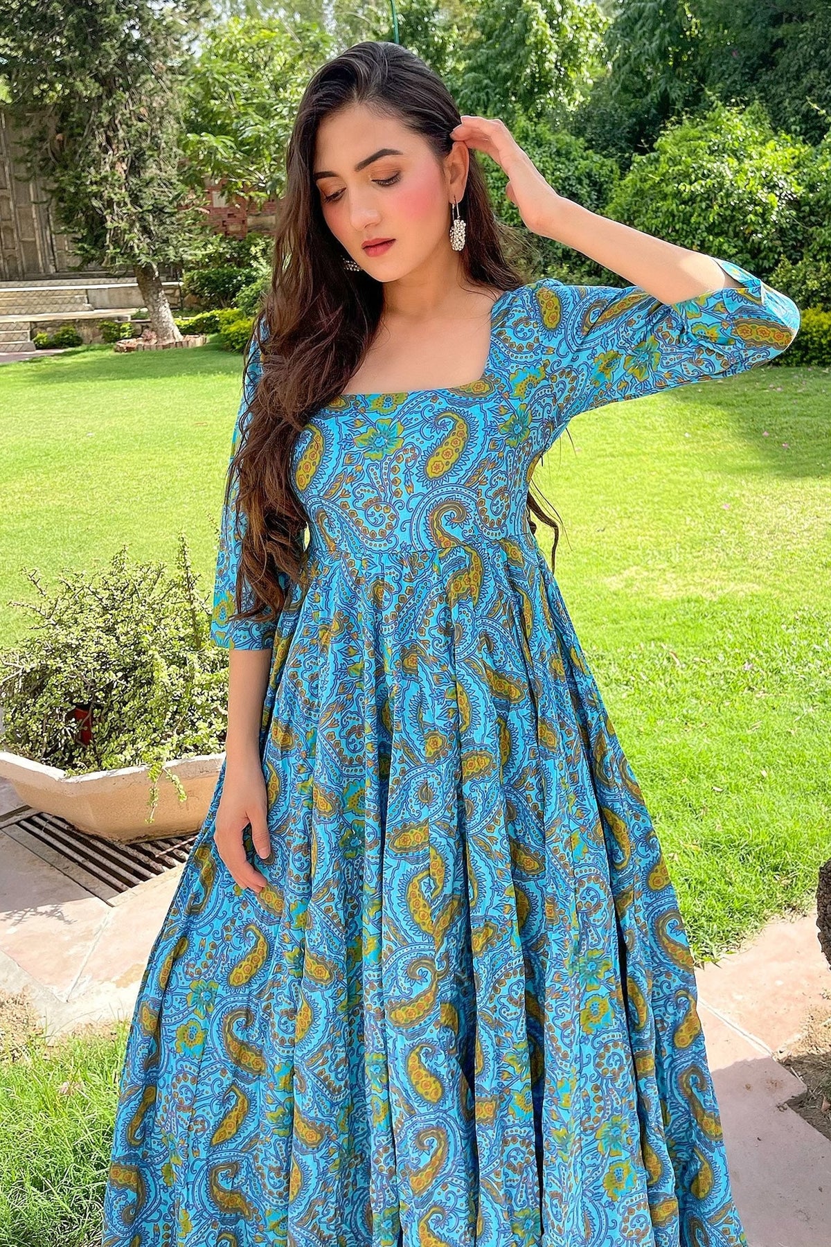 Light Blue Cotton Paisley Printed Kurti - blue cotton saree