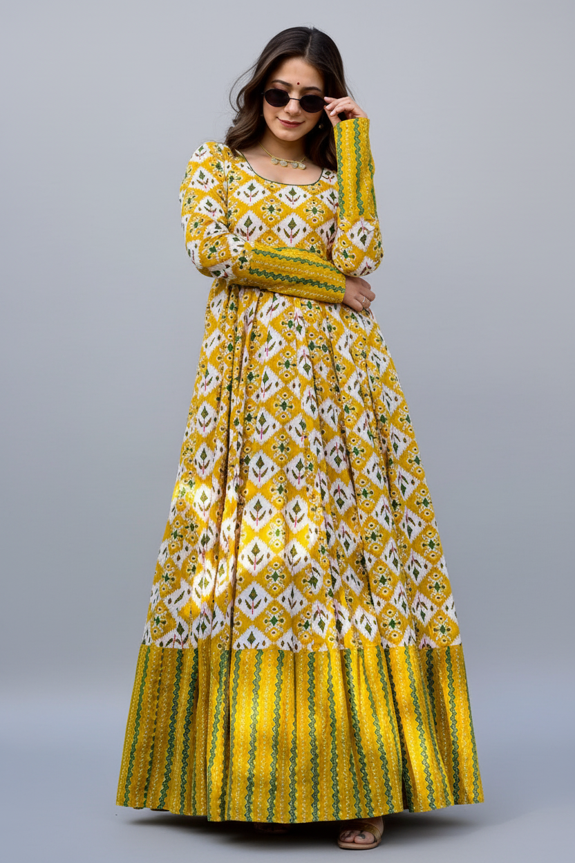 Yellow Muslin Printed Anarkali Kurti - yellow muslin saree
