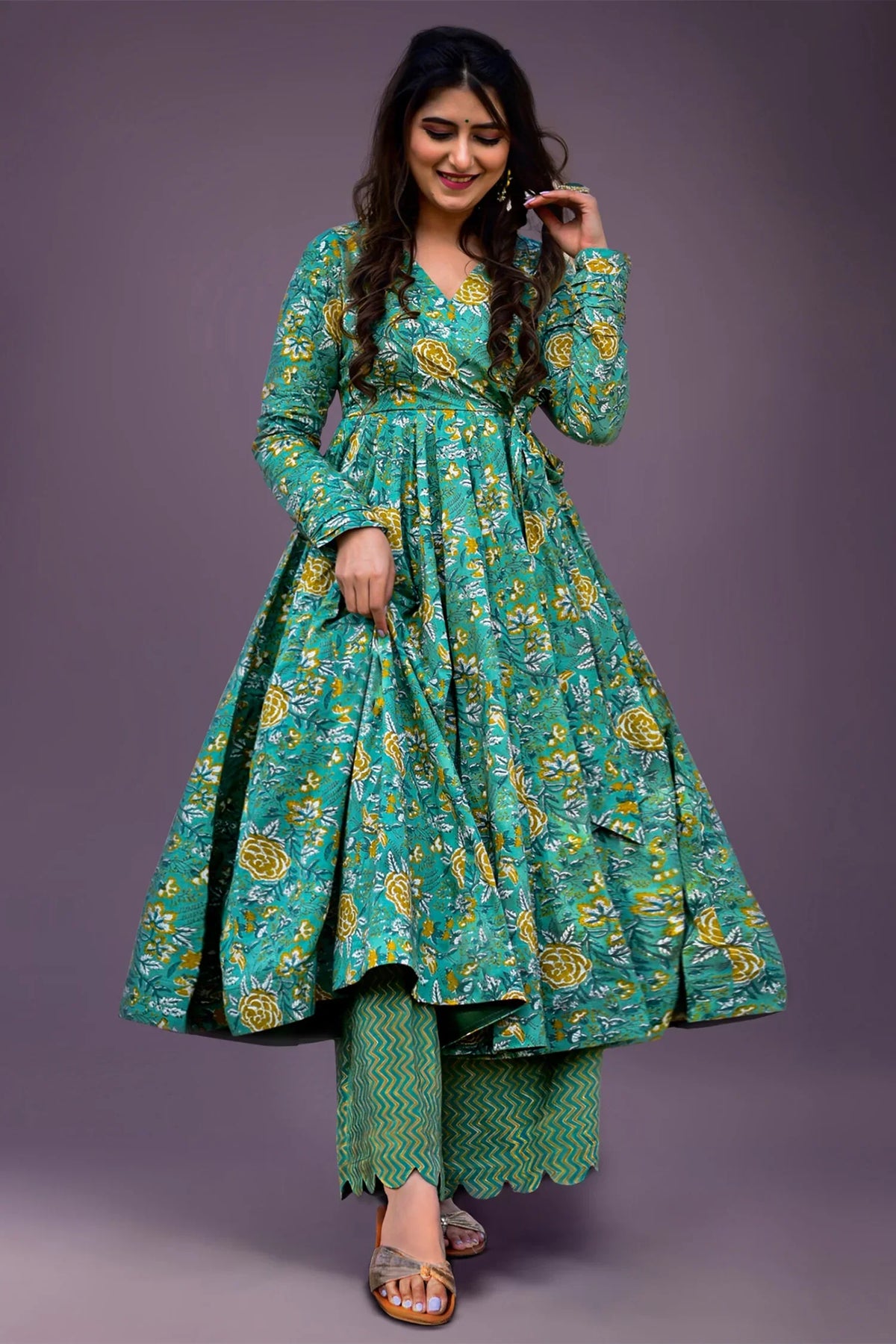 Sea Green Cotton Silk Printed Anarkali Kurti with Palazzo - green silk saree