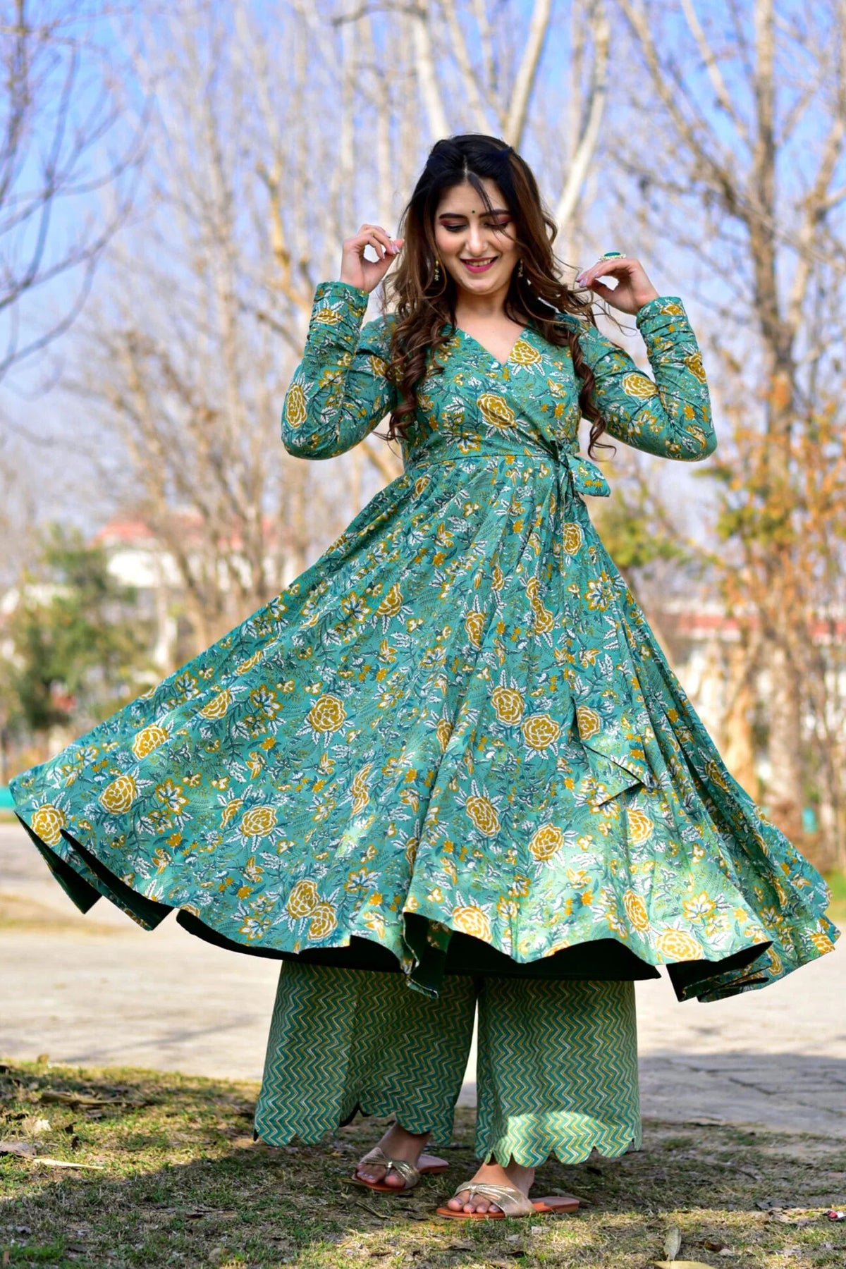 Sea Green Cotton Silk Printed Anarkali Kurti with Palazzo - green silk saree