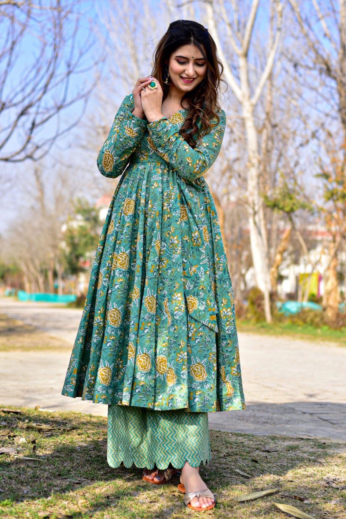 Sea Green Cotton Silk Printed Anarkali Kurti with Palazzo - green silk saree