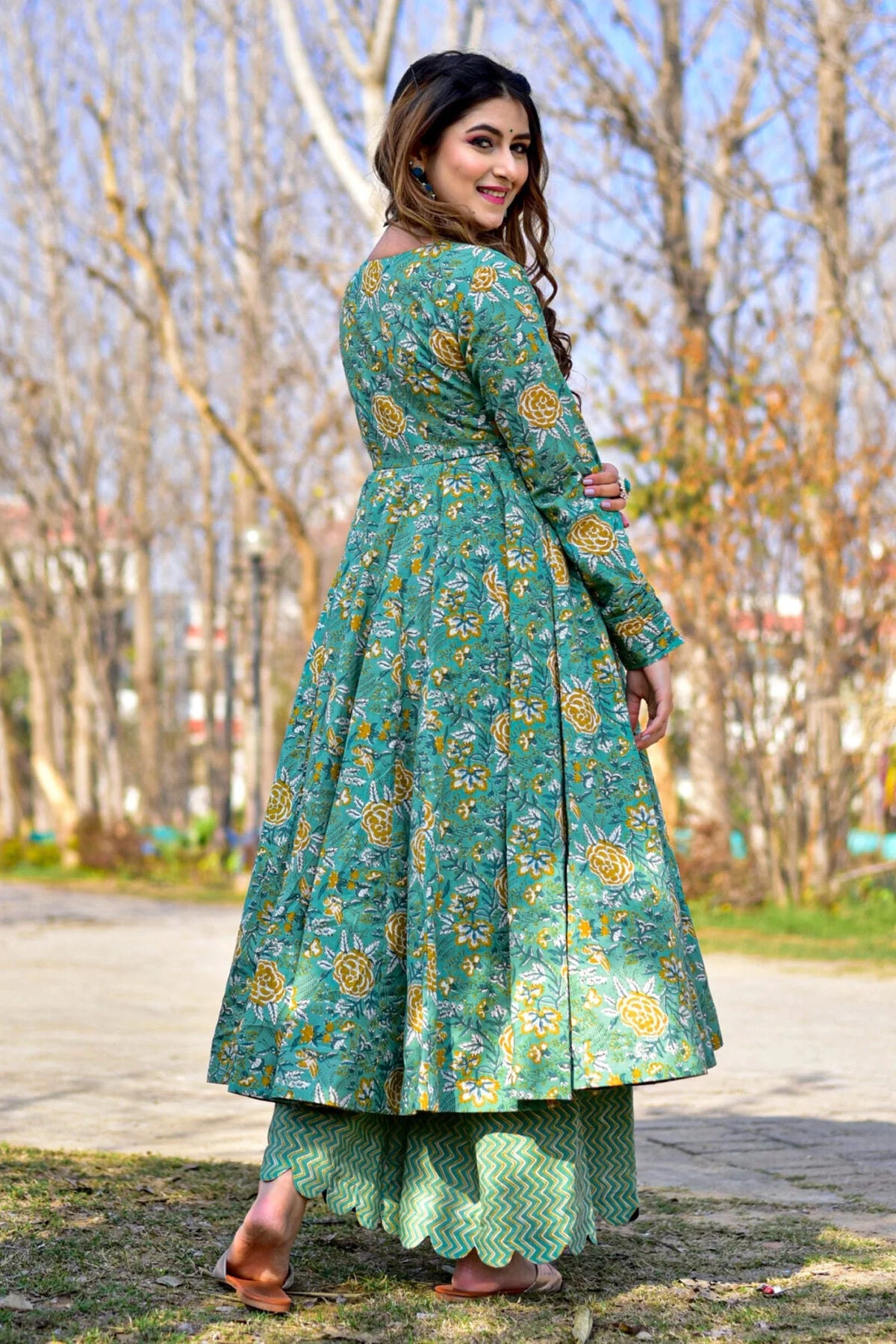 Sea Green Cotton Silk Printed Anarkali Kurti with Palazzo - green silk saree