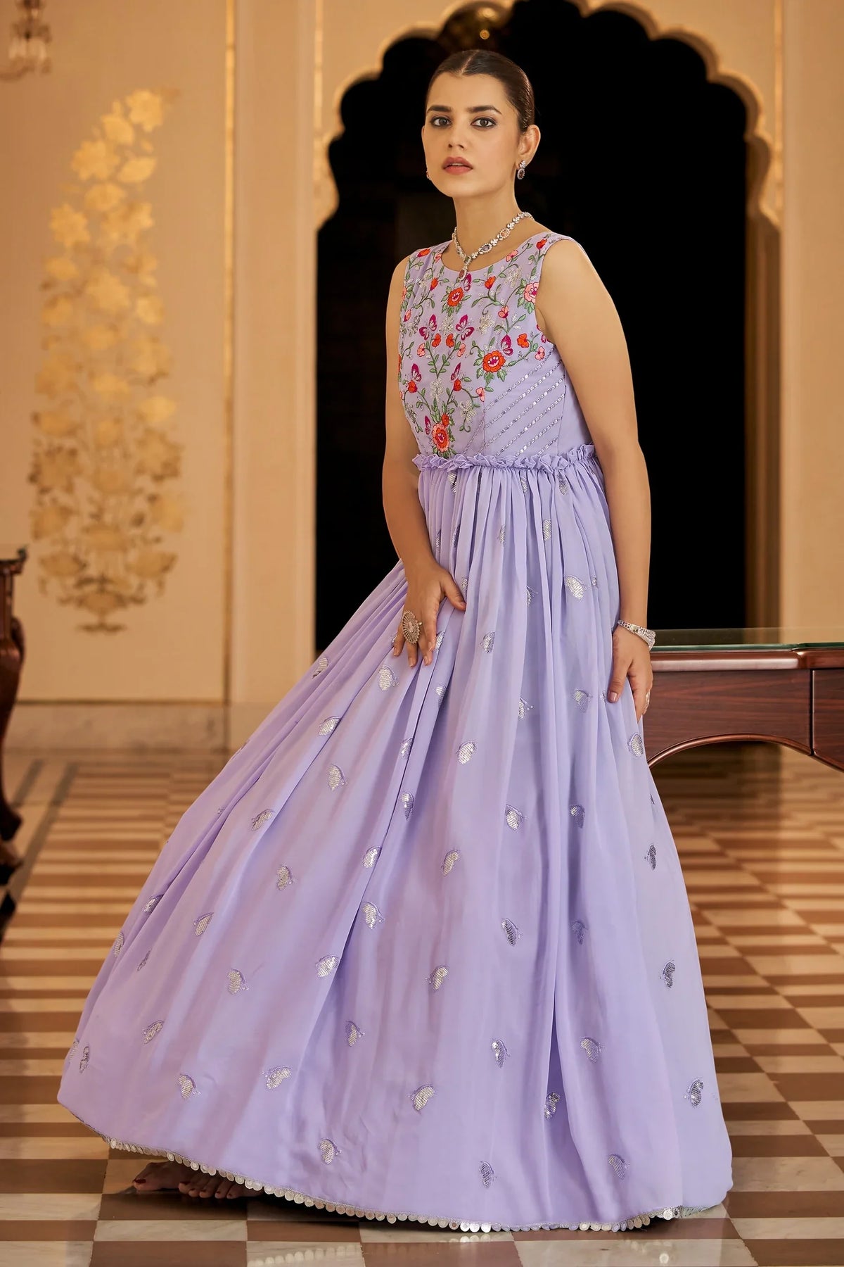 Light Purple Georgette Kurti with Embroidery - purple georgette saree embroidery