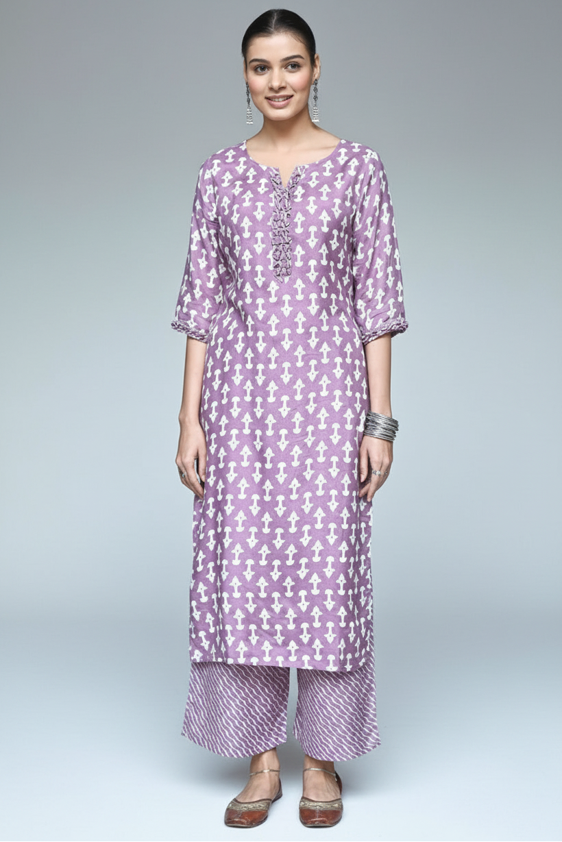 Purple Muslin Printed Kurti with Palazzo - purple muslin saree Main image