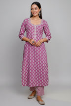 Pearly Purple Kurti Set in Cotton with Floral Print - purple cotton saree