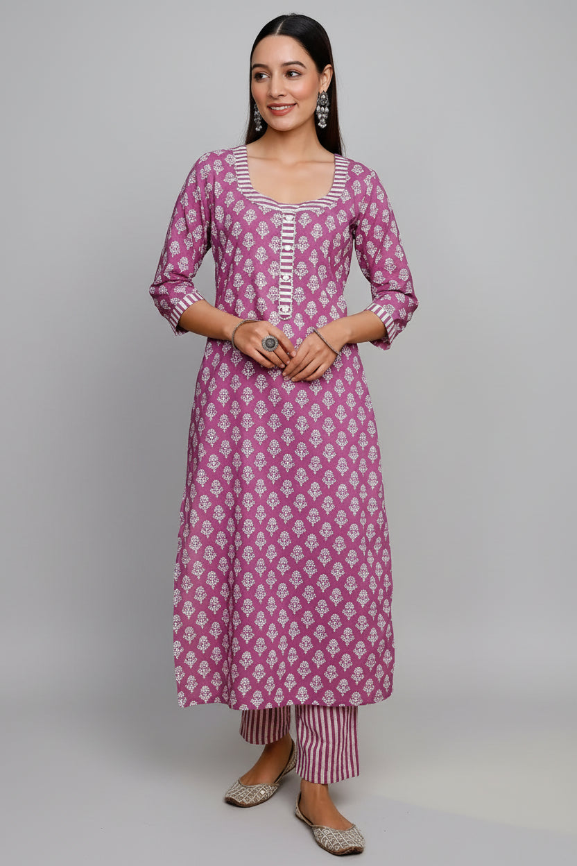 Pearly Purple Kurti Set in Cotton with Floral Print - purple cotton saree