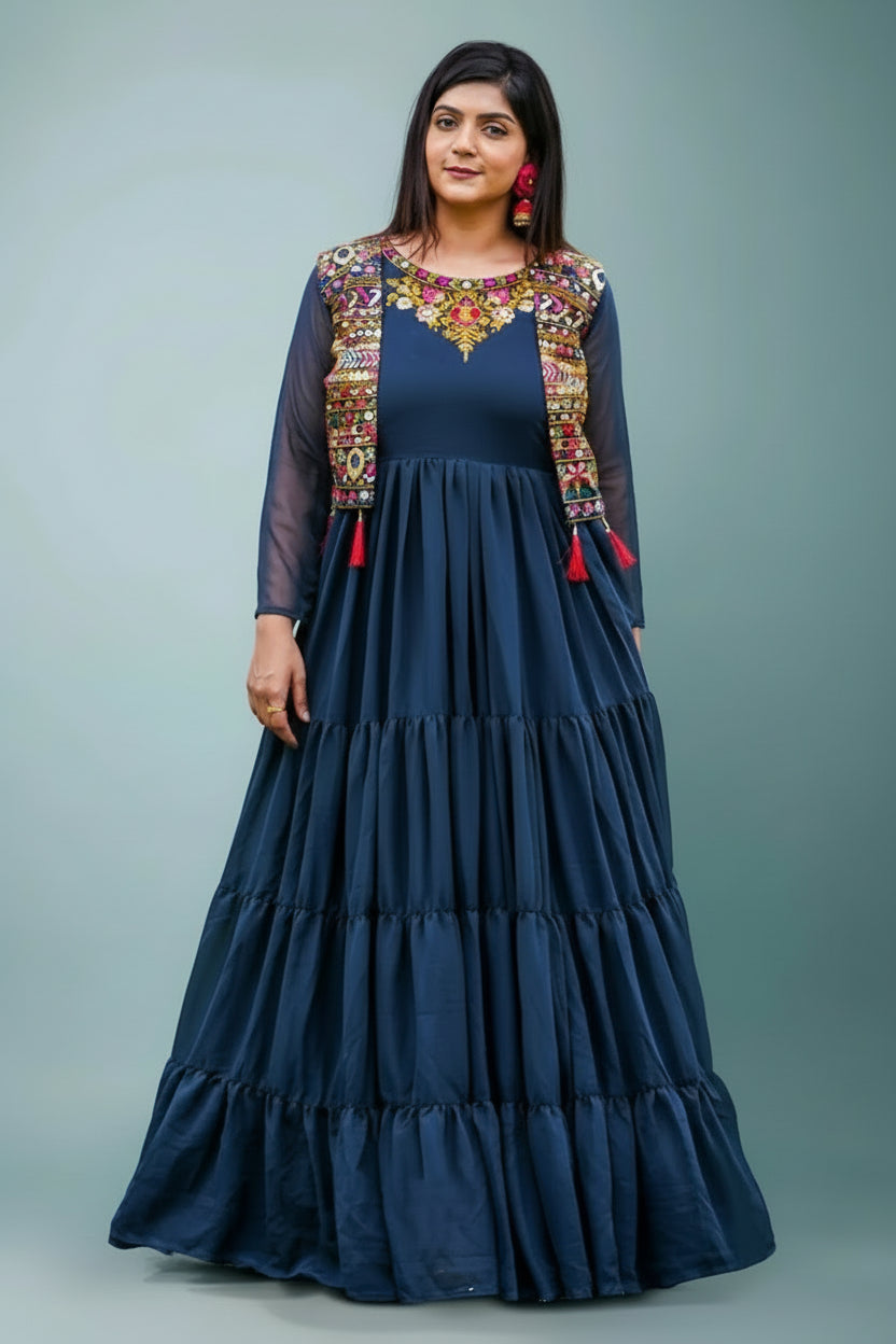 Blue Flared Anarkali Kurti in Georgette with Embroidery - red georgette saree embroidery