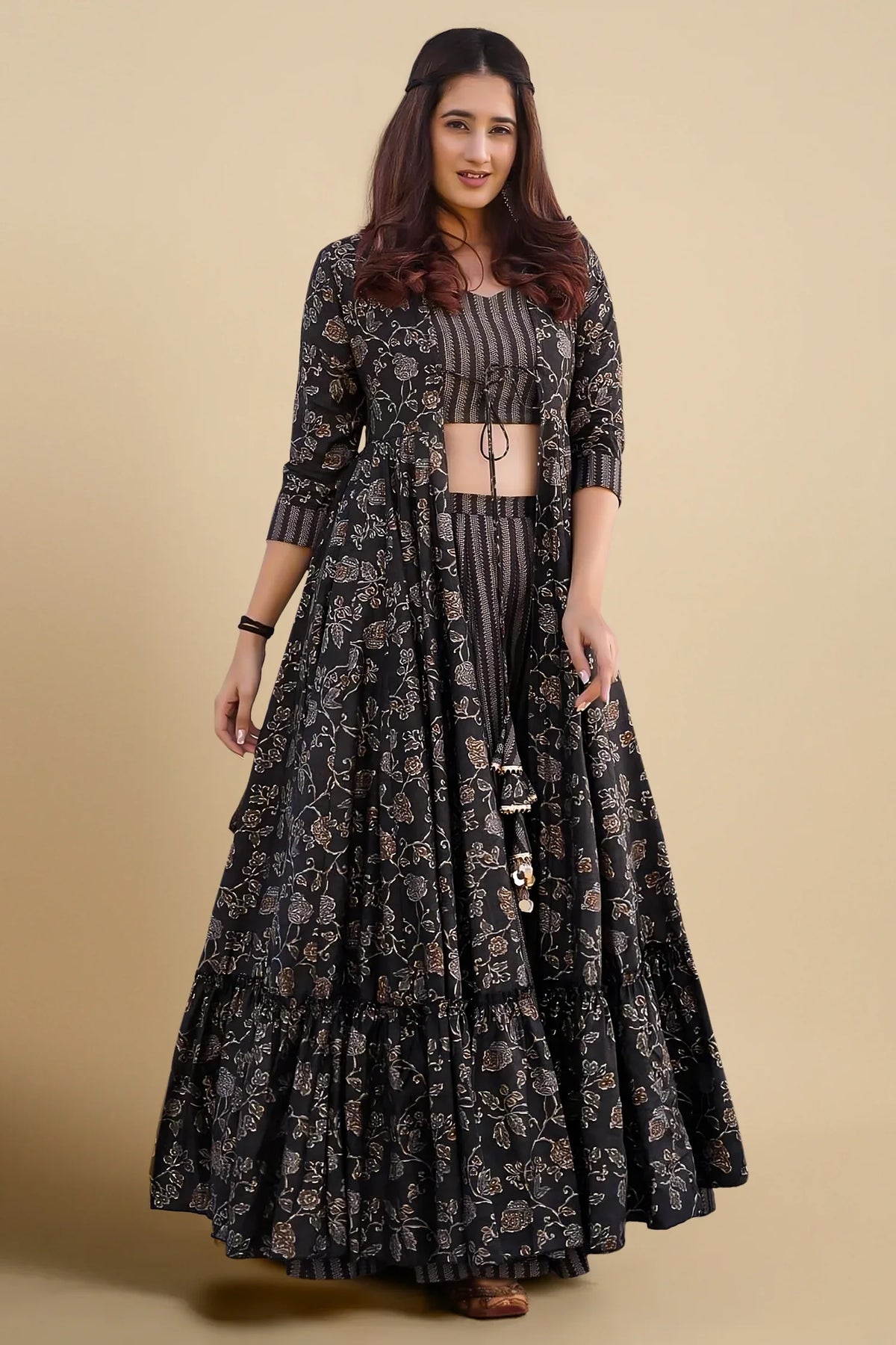 Black Muslin Printed Crop Top Palazzo Set with Flared Floral Motif Shrug - red muslin saree