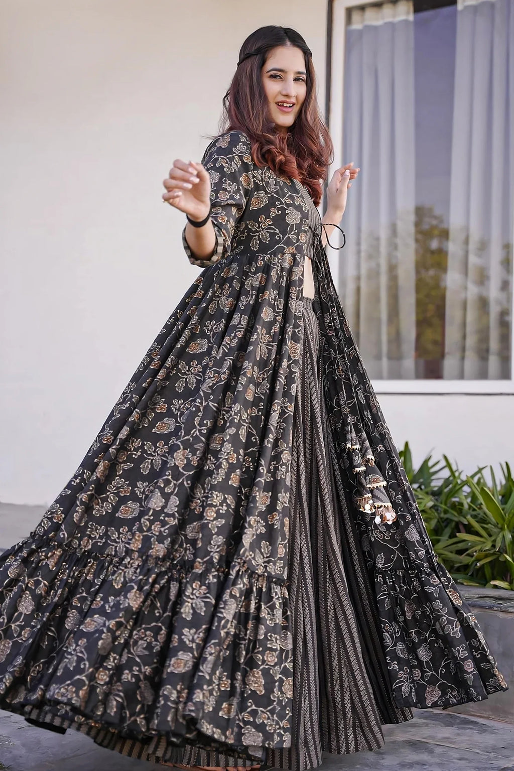 Black Muslin Printed Crop Top Palazzo Set with Flared Floral Motif Shrug - red muslin saree