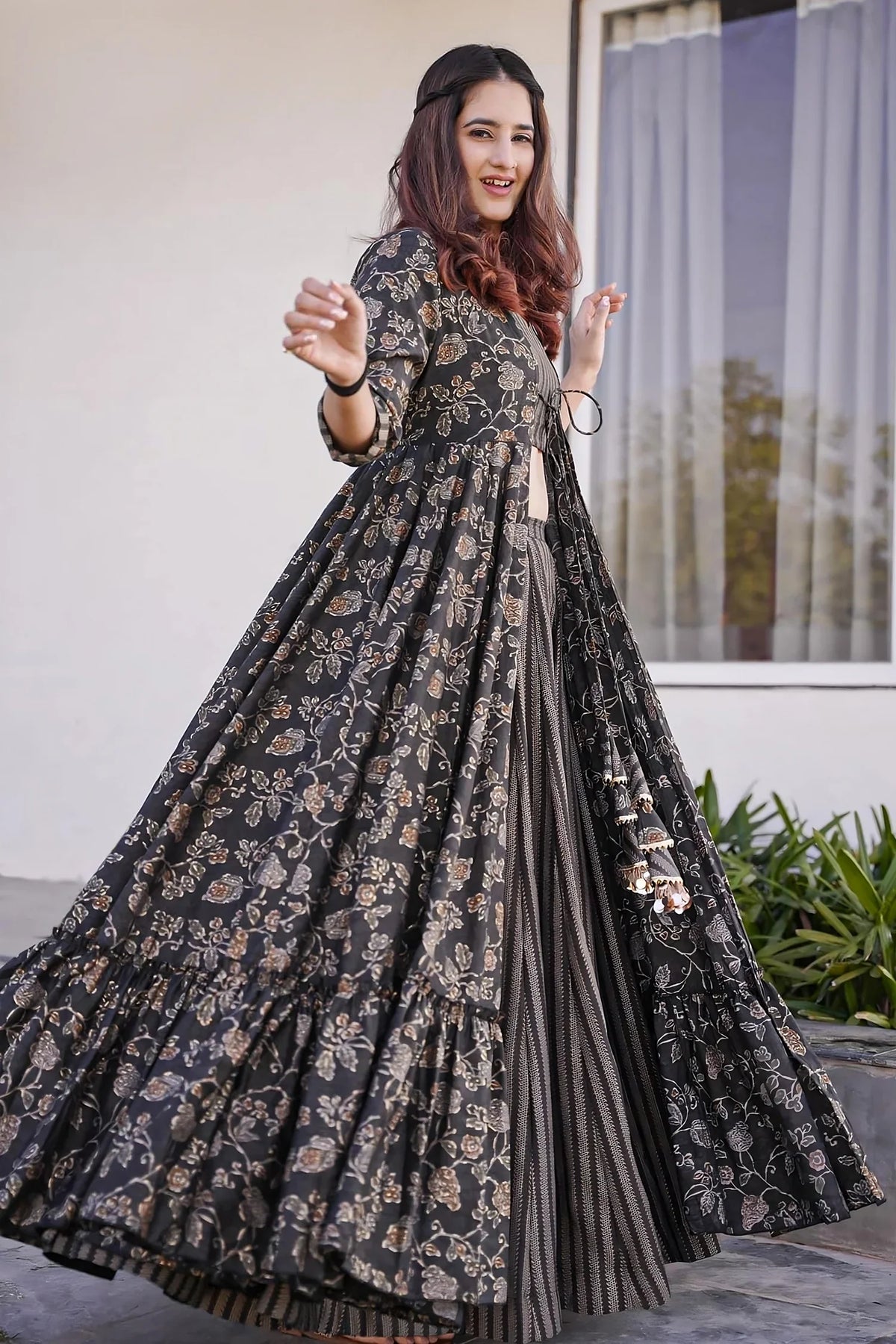Black Muslin Printed Crop Top Palazzo Set with Flared Floral Motif Shrug - red muslin saree