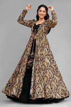 Black Crop Top Lehenga Set in Georgette with Paisley Motifs Long Shurg - black georgette saree