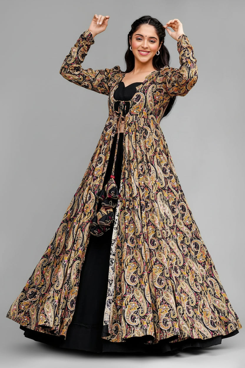 Black Crop Top Lehenga Set in Georgette with Paisley Motifs Long Shurg - black georgette saree
