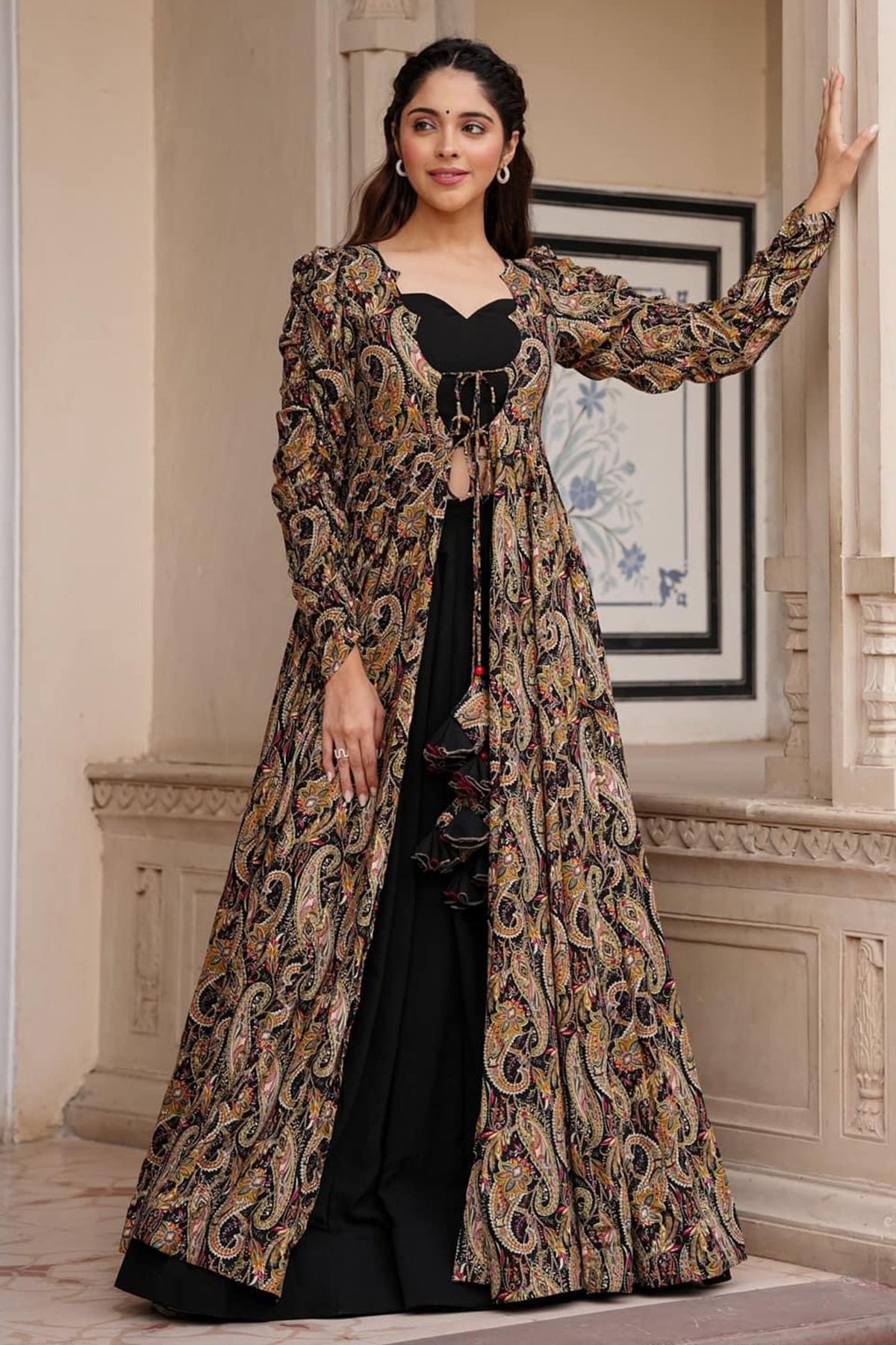 Black Crop Top Lehenga Set in Georgette with Paisley Motifs Long Shurg - black georgette saree