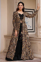 Black Crop Top Lehenga Set in Georgette with Paisley Motifs Long Shurg - black georgette saree