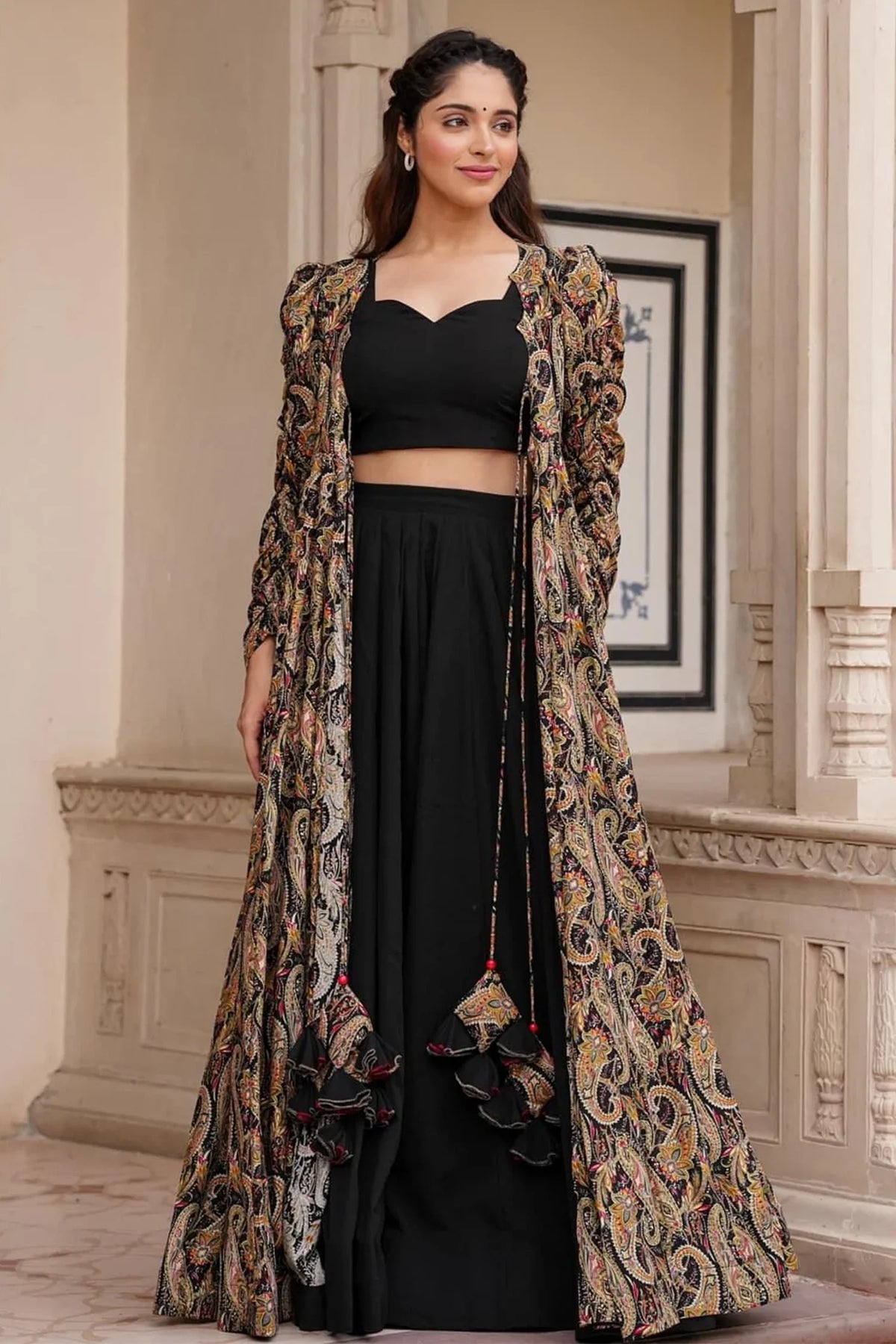 Black Crop Top Lehenga Set in Georgette with Paisley Motifs Long Shurg - black georgette saree