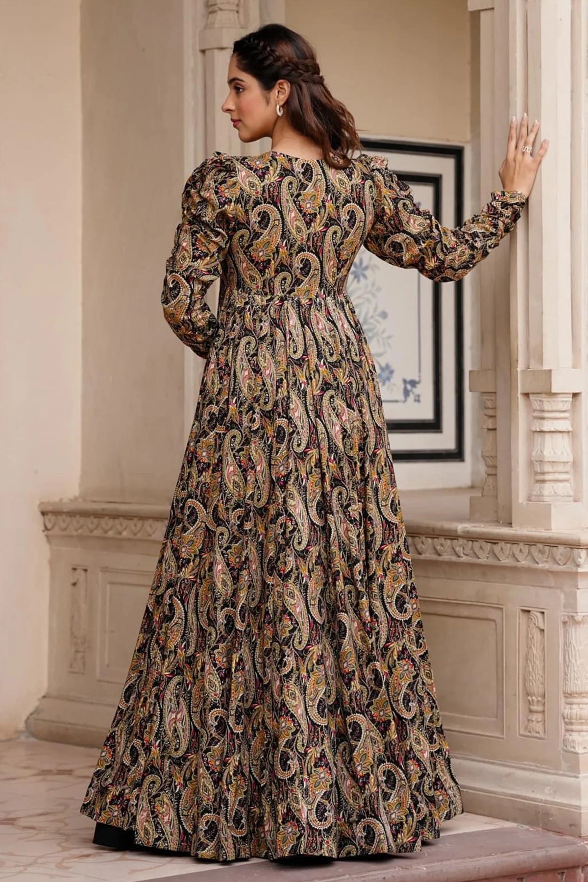 Black Crop Top Lehenga Set in Georgette with Paisley Motifs Long Shurg - black georgette saree