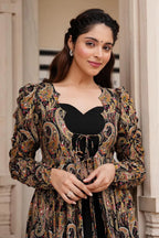 Black Crop Top Lehenga Set in Georgette with Paisley Motifs Long Shurg - black georgette saree