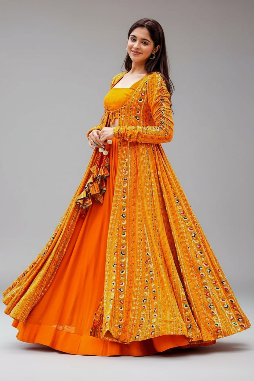 Orange Crop Top Lehenga Set in Georgette with Printed Long Shurg - orange georgette saree Main image