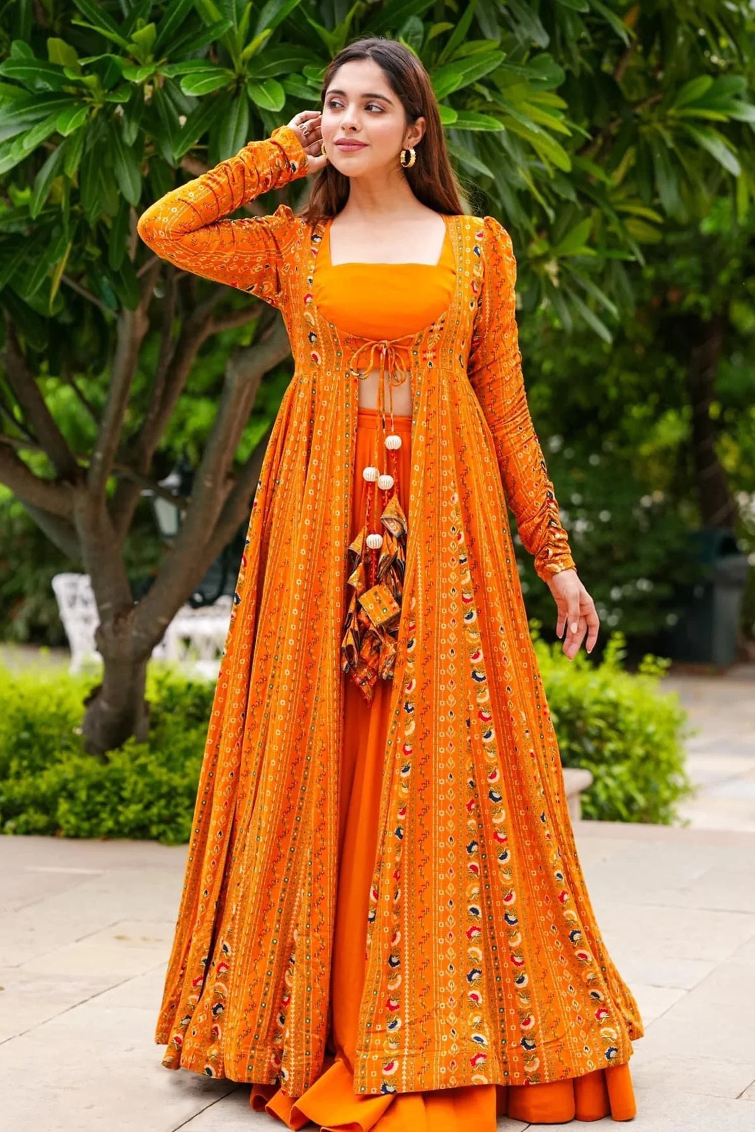 Orange Crop Top Lehenga Set in Georgette with Printed Long Shurg - orange georgette saree