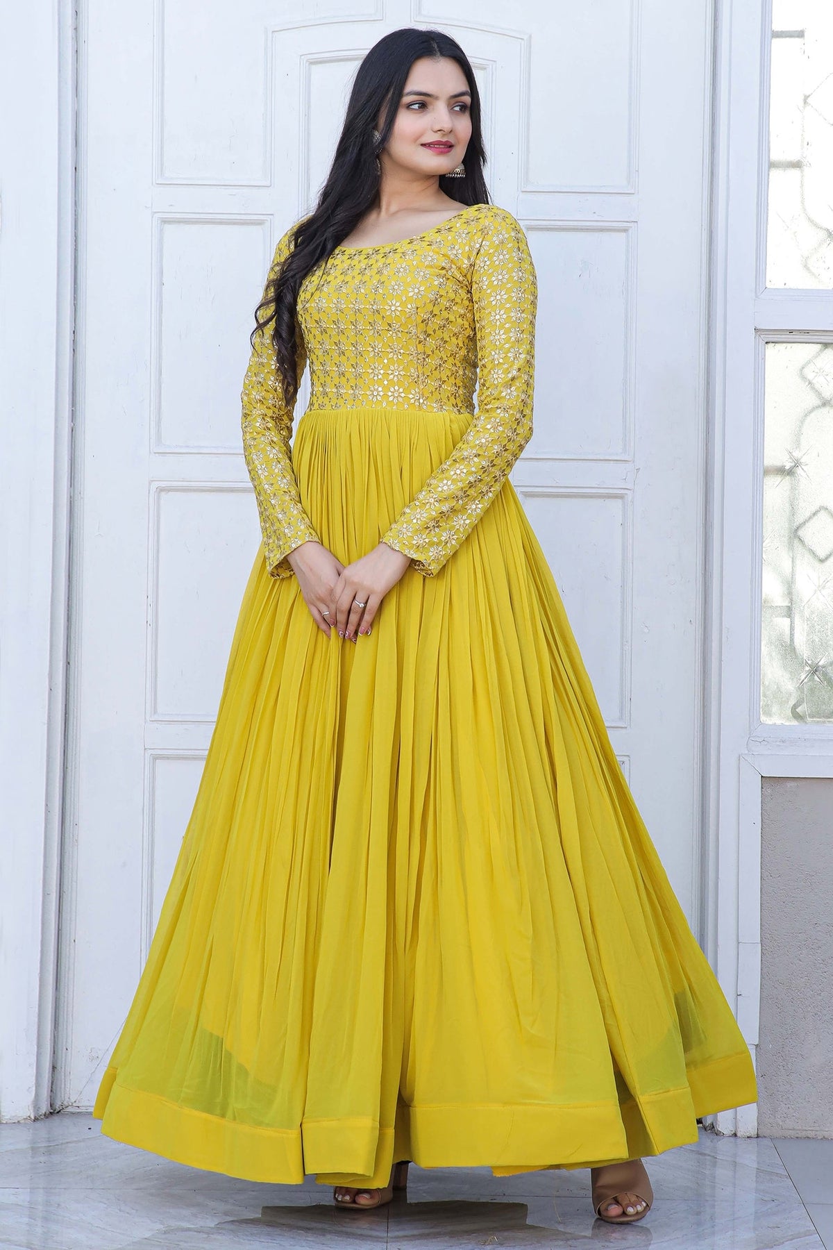 Yellow Georgette Anarkali Kurti with Embroidery Sequin Work - yellow georgette saree embroidery