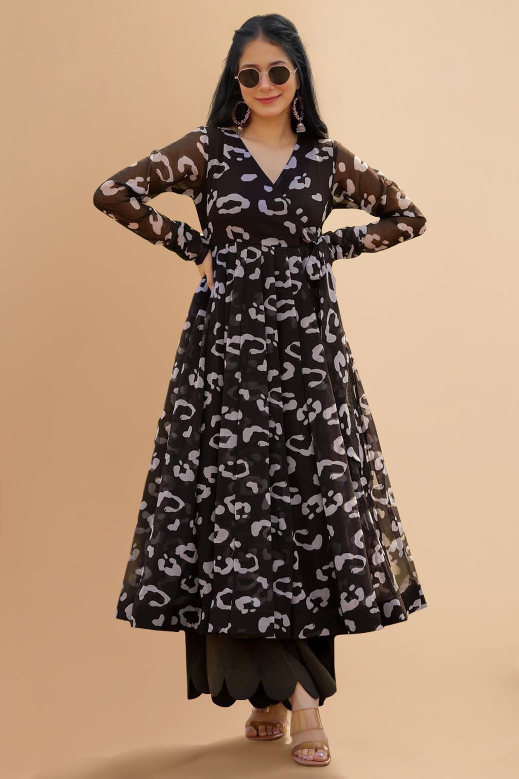 Black Georgette Printed Anarkali Kurti with Palazzo