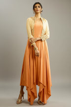 Light Orange Long Kurti in Rayon Cotton with Embroidered Jacket - red cotton saree embroidered