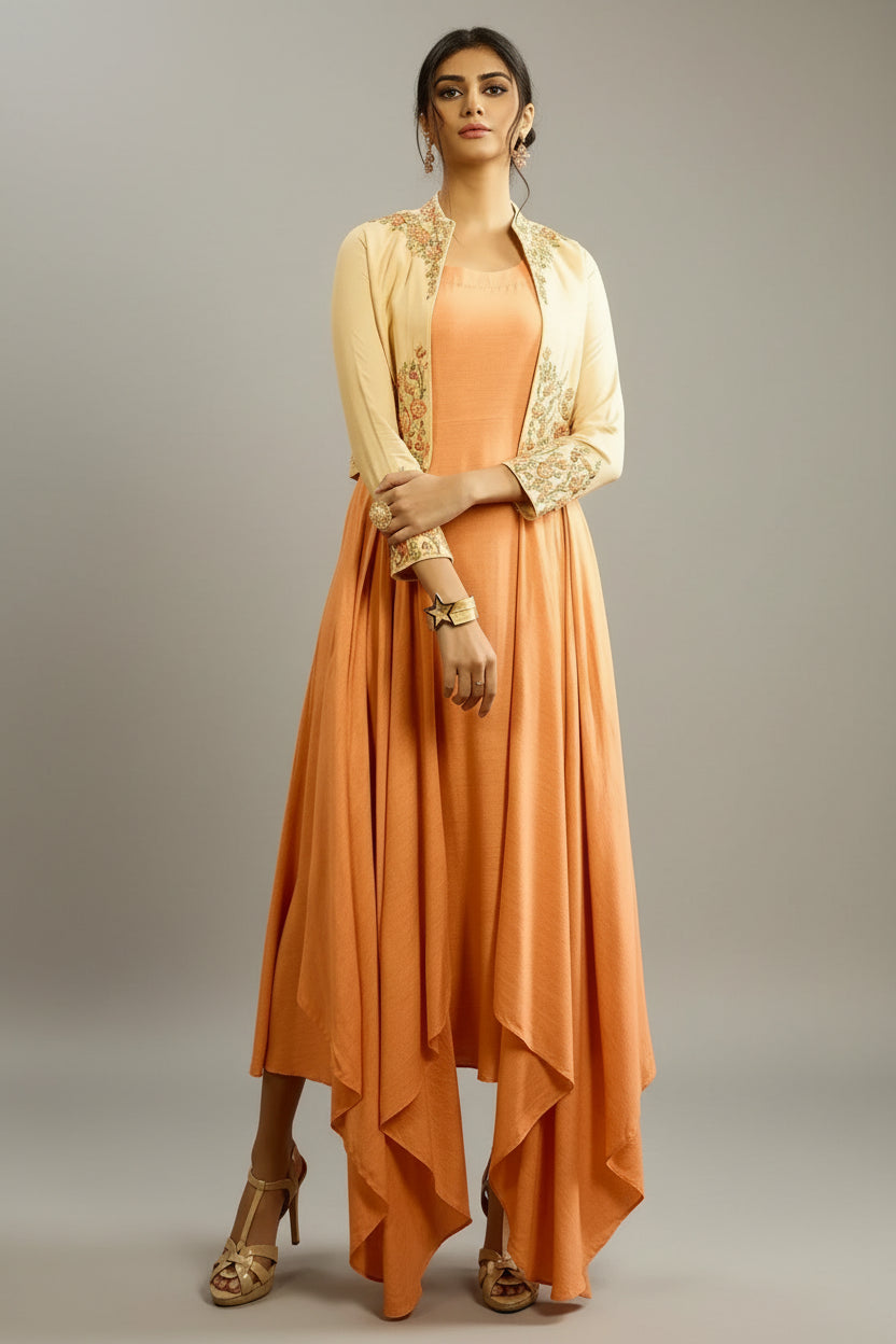 Light Orange Long Kurti in Rayon Cotton with Embroidered Jacket - red cotton saree embroidered