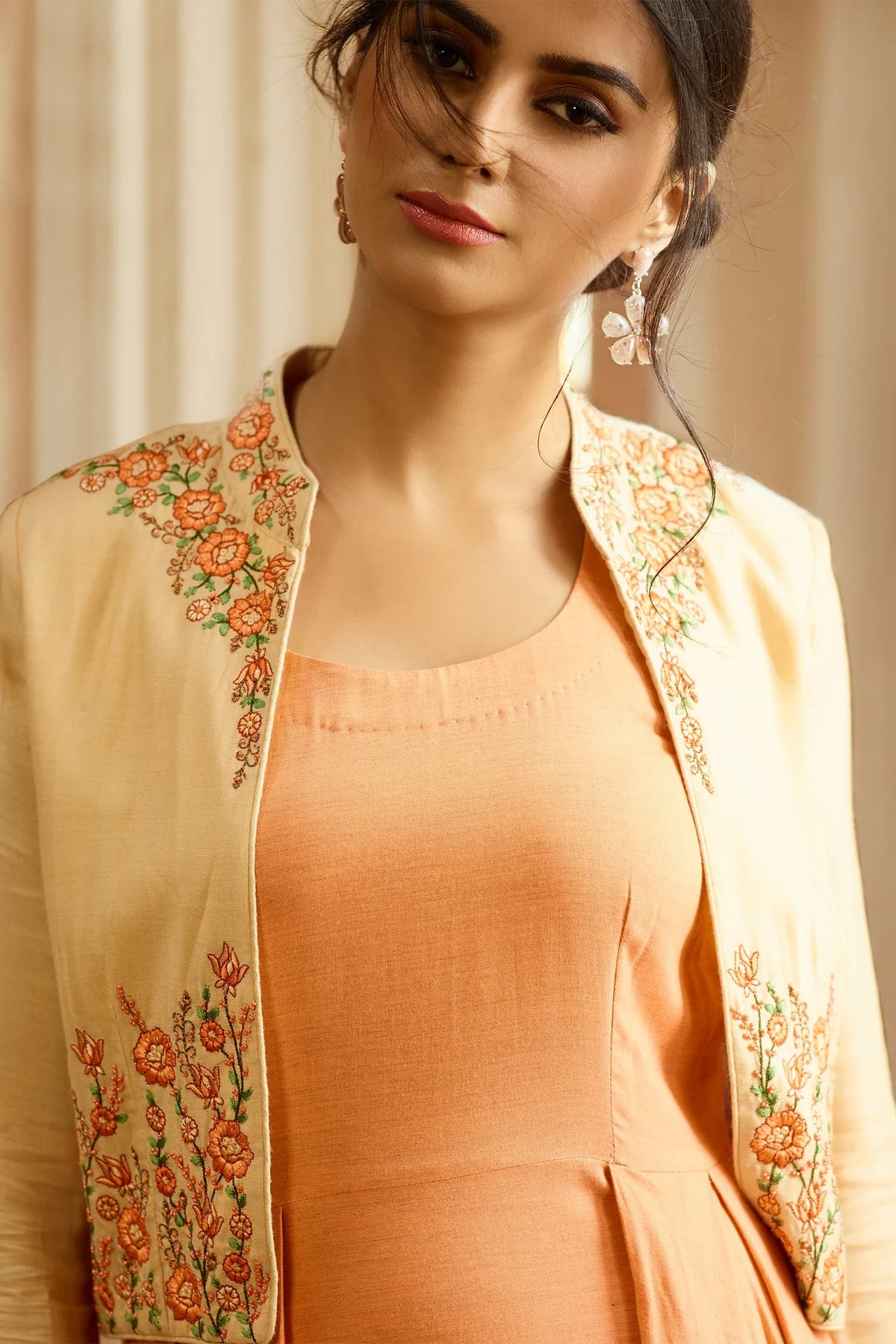 Light Orange Long Kurti in Rayon Cotton with Embroidered Jacket - red cotton saree embroidered