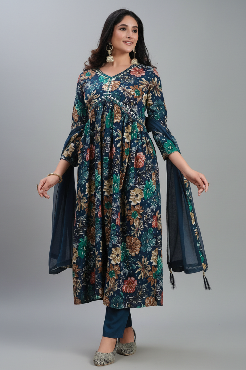 Prussian Blue Straight Cut Kurti with Floral Motifs and Mirror Embroidery Work - blue saree embroidery Main image