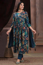 Prussian Blue Straight Cut Kurti with Floral Motifs and Mirror Embroidery Work - blue saree embroidery