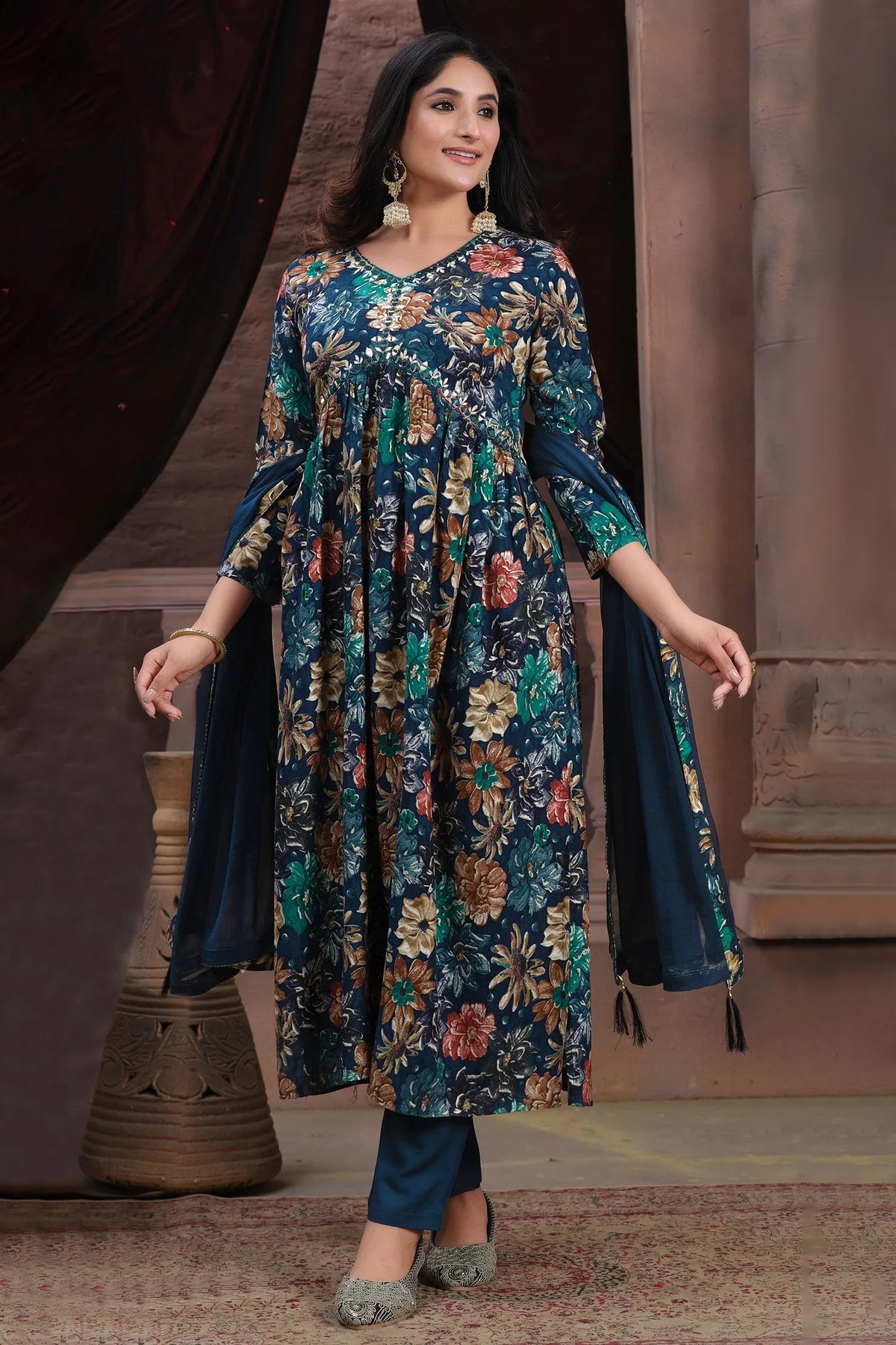 Prussian Blue Straight Cut Kurti with Floral Motifs and Mirror Embroidery Work - blue saree embroidery