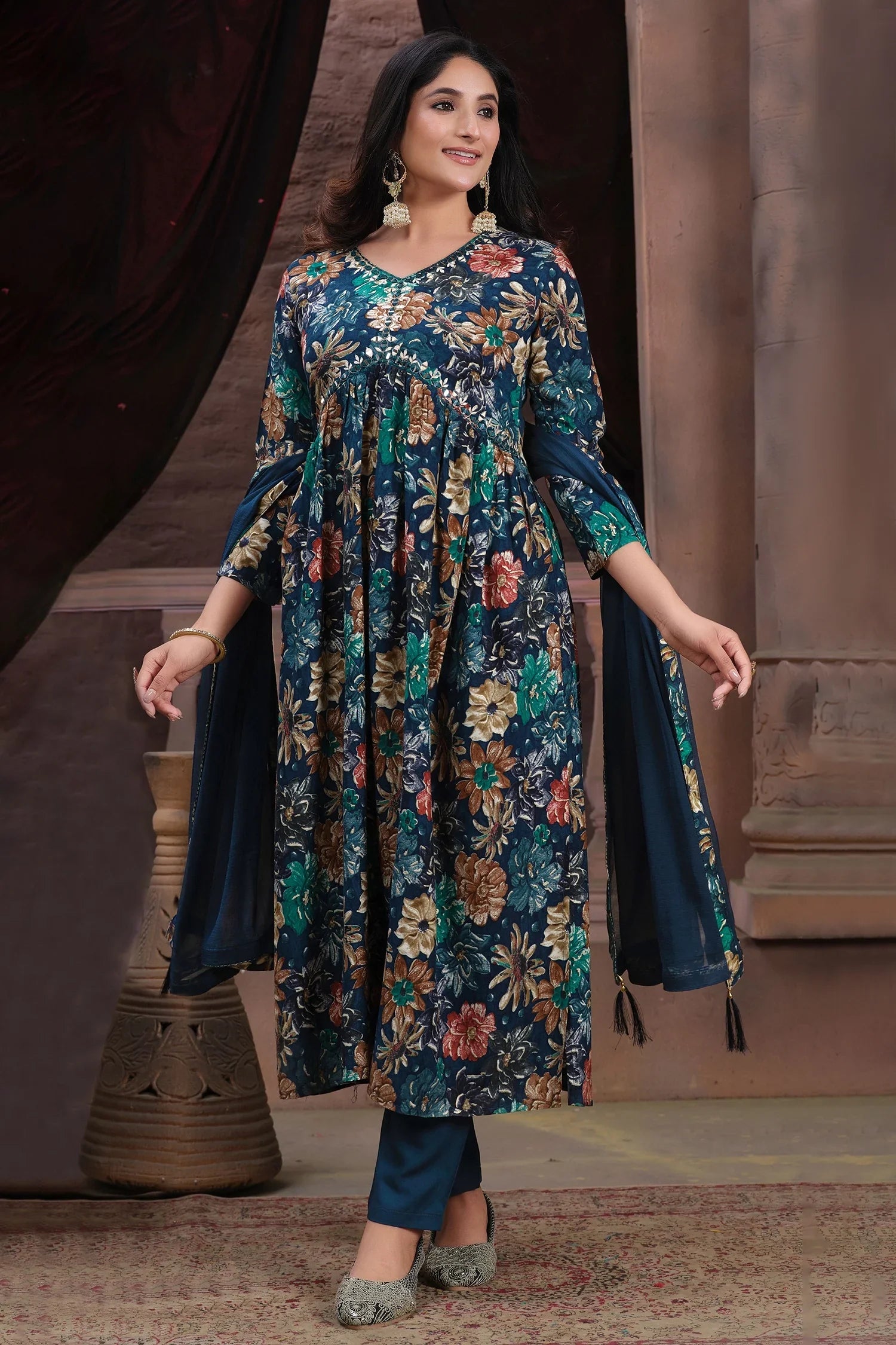 Prussian Blue Straight Cut Kurti with Floral Motifs and Mirror Embroidery Work - blue saree embroidery